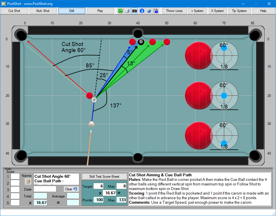 Cut Shot Angle 60° Cue Ball Path - Blackball